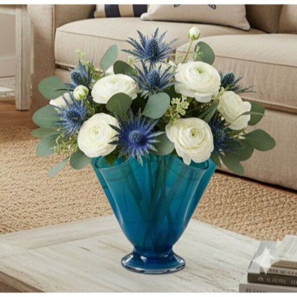 Hand Blown Ocean Waves Blue Art Glass Pedestal Vase Murano Mid Century Decor - Picture 2 of 16